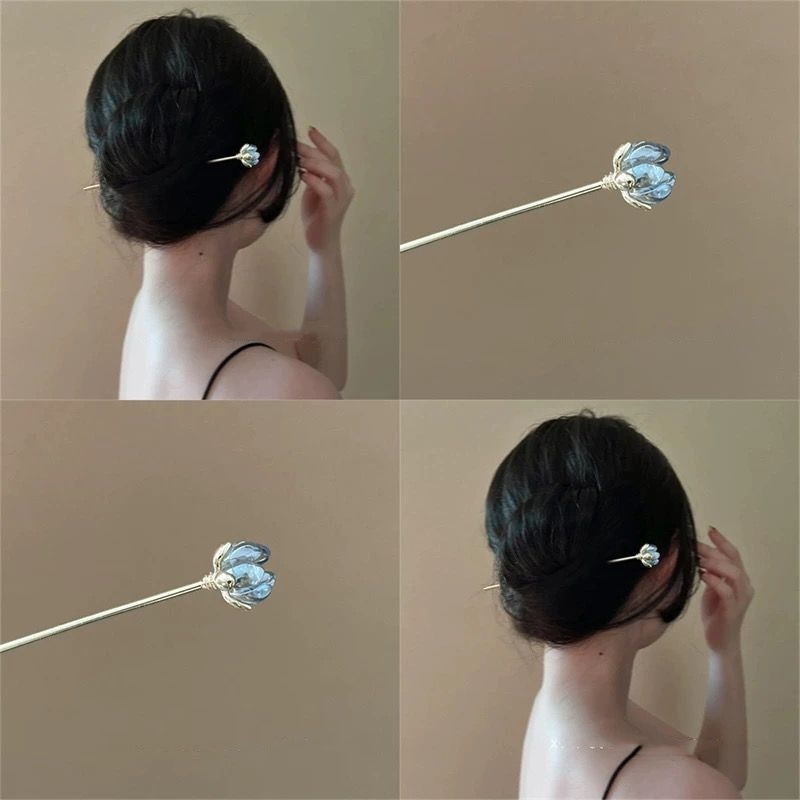 Supply Florist - กิ๊บติดผมรูปดอกไม้สีฟ้า, เครื่องประดับผมประจำวัน, กิ๊บติดผมด้านหลังศีรษะ, กิ๊บติดผมแบบเรียบง่ายสำหรับชุดกี่เพ้า, เครื่องประดับผมสำหรับผู้หญิง